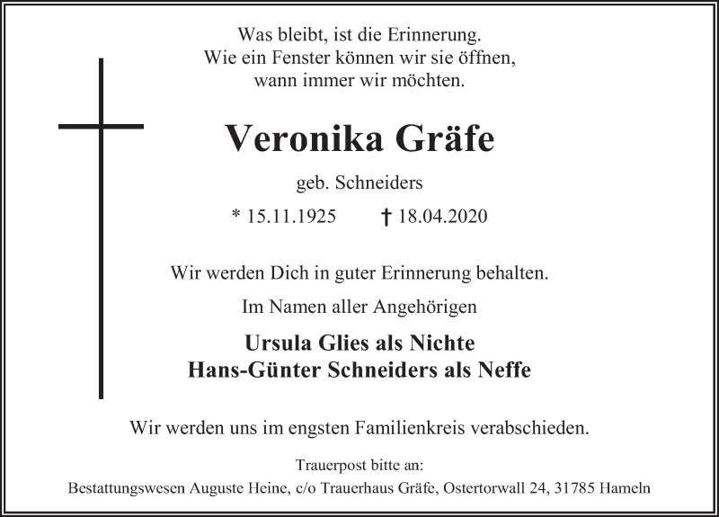  Traueranzeige für Veronika Gräfe vom 25.04.2020 aus Deister- und Weserzeitung