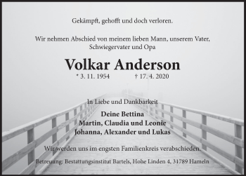 Traueranzeige von Volkar Anderson von Deister- und Weserzeitung