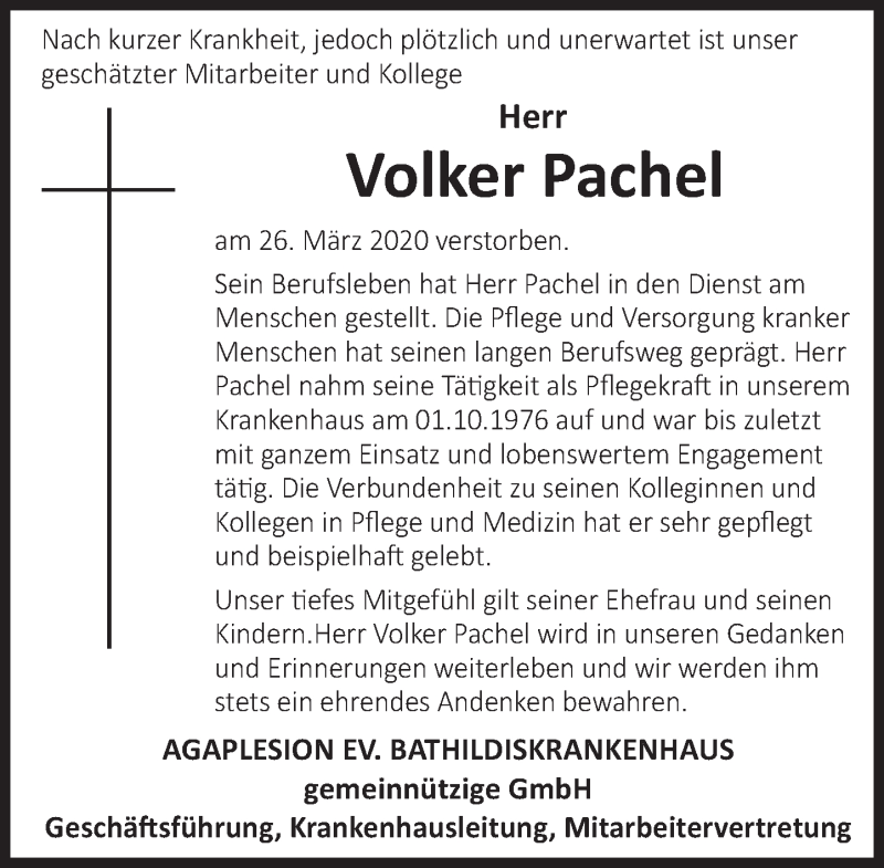  Traueranzeige für Volker Pachel vom 04.04.2020 aus Deister- und Weserzeitung