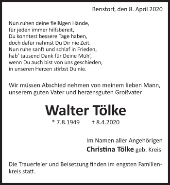 Traueranzeige von Walter Tölke von Deister- und Weserzeitung
