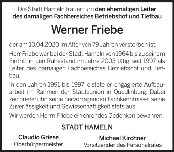 Traueranzeige von Werner Friebe von Deister- und Weserzeitung