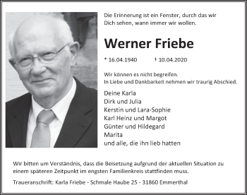 Traueranzeige von Werner Friebe von Deister- und Weserzeitung