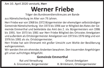 Traueranzeige von Werner Friebe von Deister- und Weserzeitung