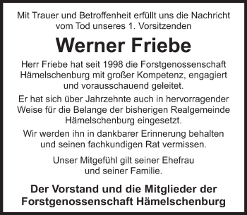 Traueranzeige von Werner Friebe von Deister- und Weserzeitung