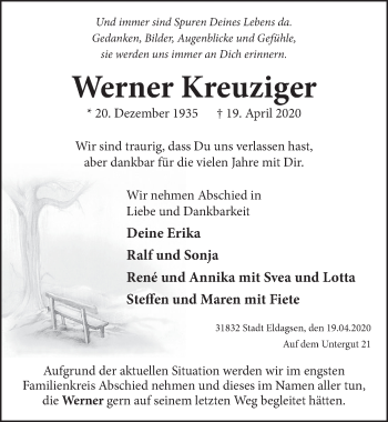 Traueranzeige von Werner Kreuziger von Neue Deister-Zeitung