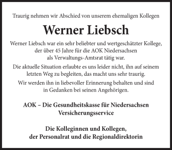 Traueranzeige von Werner Liebsch von Deister- und Weserzeitung