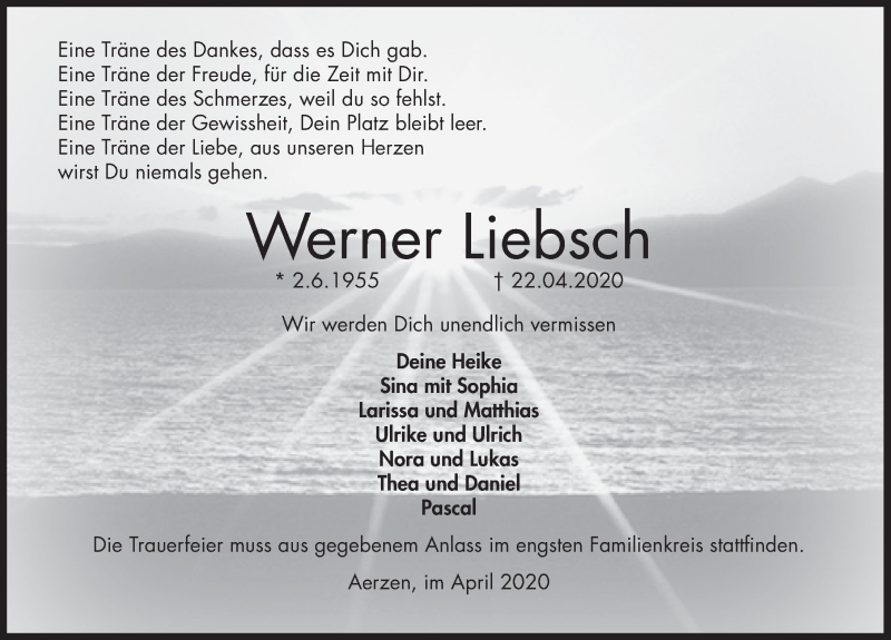  Traueranzeige für Werner Liebsch vom 25.04.2020 aus Deister- und Weserzeitung