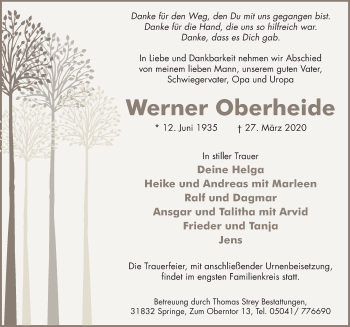 Traueranzeige von Werner Oberheide von Neue Deister-Zeitung