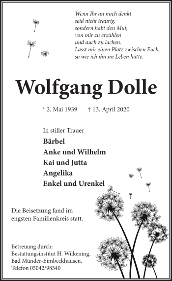 Traueranzeige von Wolfgang Dolle von Neue Deister-Zeitung