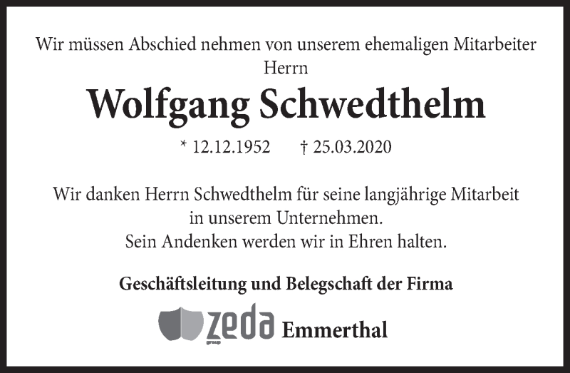  Traueranzeige für Wolfgang Schwedthelm vom 04.04.2020 aus Deister- und Weserzeitung