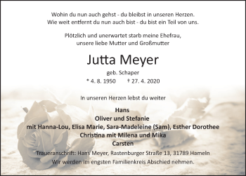 Traueranzeige von Jutta Meyer von Deister- und Weserzeitung