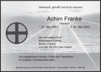 Traueranzeige von Achim Franke von Deister- und Weserzeitung