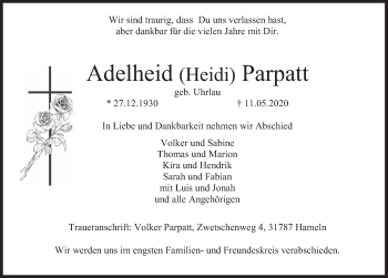Traueranzeige von Adelheid Parpatt von Deister- und Weserzeitung