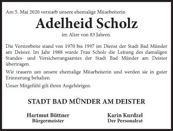 Traueranzeige von Adelheid Scholz von Neue Deister-Zeitung