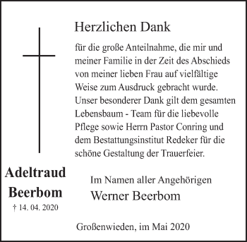 Traueranzeige von Adeltraud Beerbom von Deister- und Weserzeitung