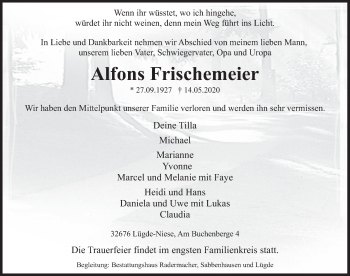 Traueranzeige von Alfons Frischemeier von Deister- und Weserzeitung