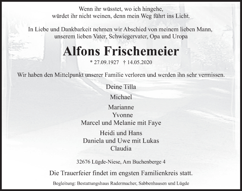  Traueranzeige für Alfons Frischemeier vom 23.05.2020 aus Deister- und Weserzeitung