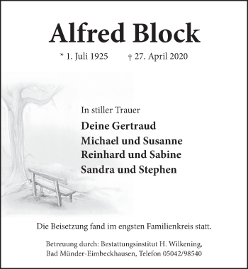 Traueranzeige von Alfred Block von Neue Deister-Zeitung