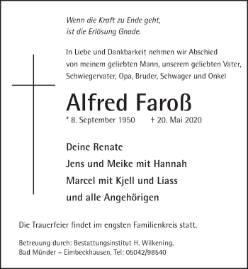 Traueranzeige von Alfred Faroß von Neue Deister-Zeitung