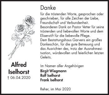 Traueranzeige von Alfred Iselhorst von Deister- und Weserzeitung