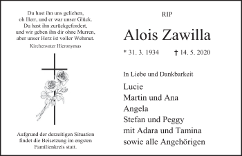 Traueranzeige von Alois Zawilla von Deister- und Weserzeitung