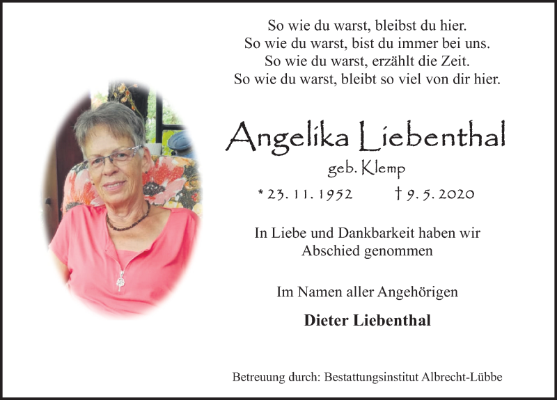  Traueranzeige für Angelika Liebenthal vom 23.05.2020 aus Deister- und Weserzeitung