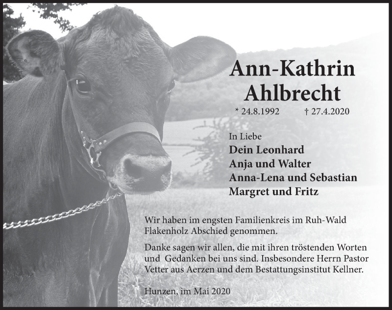  Traueranzeige für Ann-Kathrin Ahlbrecht vom 09.05.2020 aus Deister- und Weserzeitung