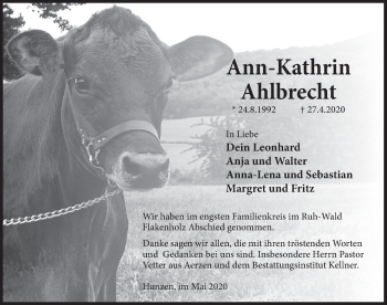 Traueranzeige von Ann-Kathrin Ahlbrecht von Deister- und Weserzeitung