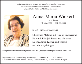 Traueranzeige von Anna-Maria Wickert von Neue Deister-Zeitung