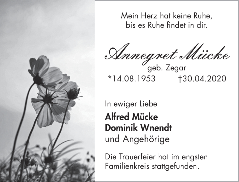  Traueranzeige für Annegret Mücke vom 09.05.2020 aus Deister- und Weserzeitung