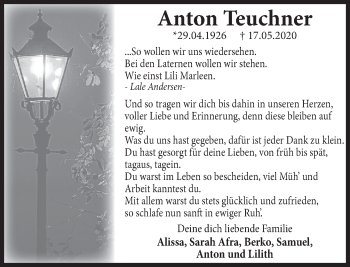 Traueranzeige von Anton Teuchner von Deister- und Weserzeitung