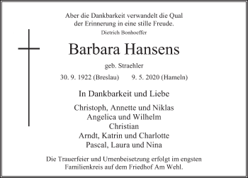 Traueranzeige von Barbara Hansens von Deister- und Weserzeitung