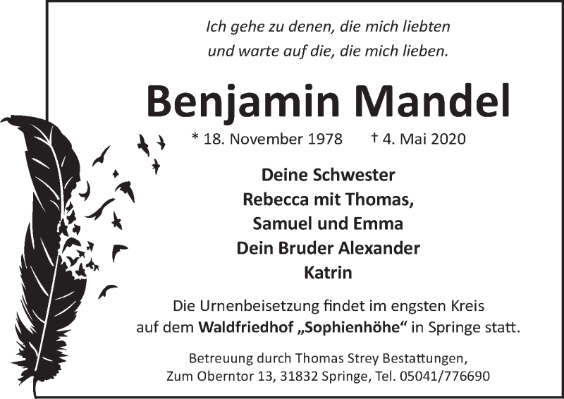  Traueranzeige für Benjamin Mandel vom 16.05.2020 aus Neue Deister-Zeitung