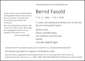 Traueranzeige von Bernd Fasold von Deister- und Weserzeitung