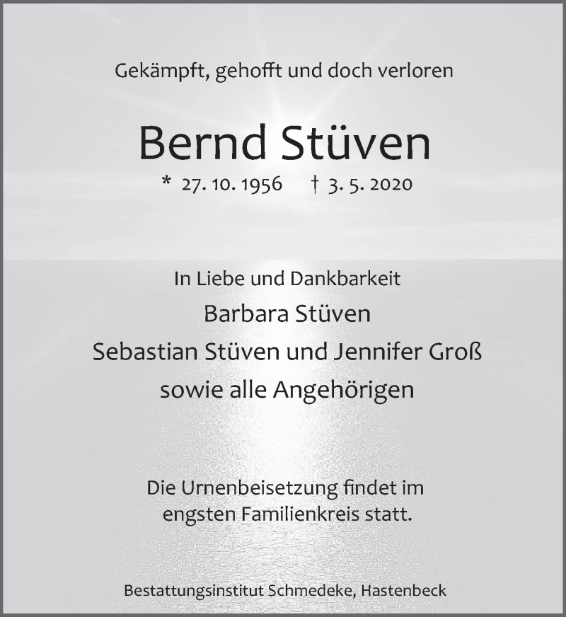  Traueranzeige für Bernd Stüven vom 09.05.2020 aus Deister- und Weserzeitung