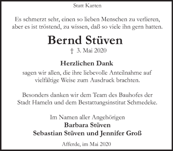 Traueranzeige von Bernd Stüven von Deister- und Weserzeitung