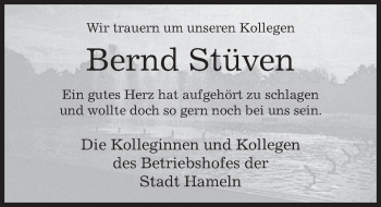 Traueranzeige von Bernd Stüven von Deister- und Weserzeitung