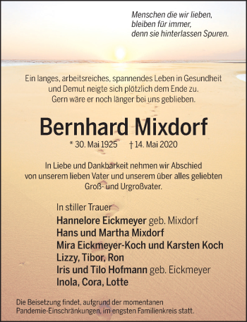 Traueranzeige von Bernhard Mixdorf von Neue Deister-Zeitung