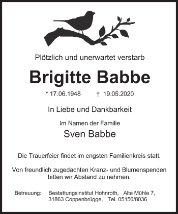 Traueranzeige von Brigitte Babbe von Deister- und Weserzeitung