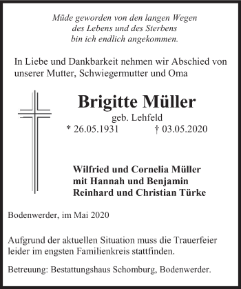 Traueranzeige von Brigitte Müller von Deister- und Weserzeitung