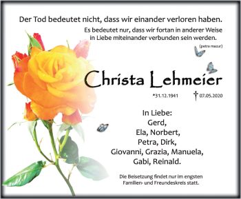 Traueranzeige von Christa Lehmeier von Neue Deister-Zeitung