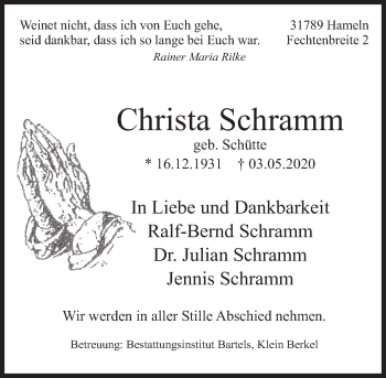 Traueranzeige von Christa Schramm von Deister- und Weserzeitung