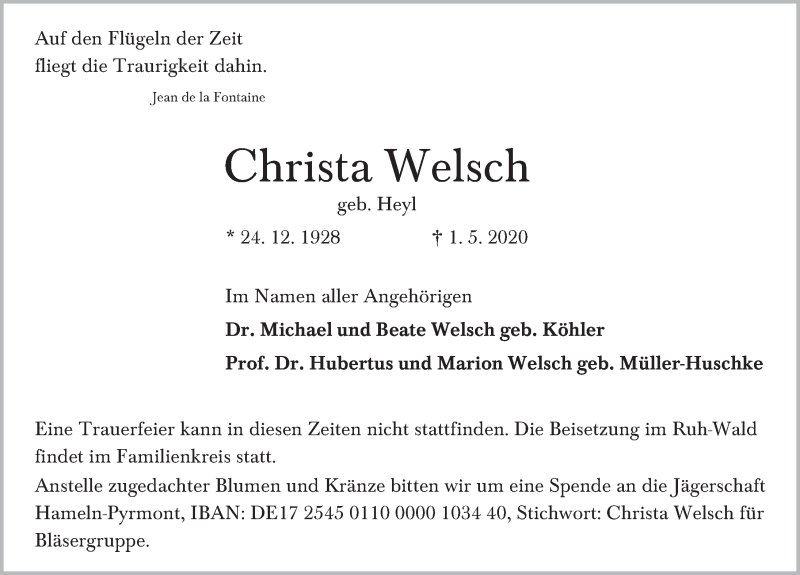 Traueranzeige für Christa Welsch vom 16.05.2020 aus Deister- und Weserzeitung