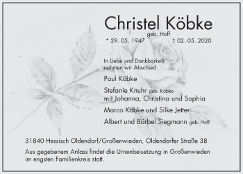Traueranzeige von Christel Köbke von Deister- und Weserzeitung