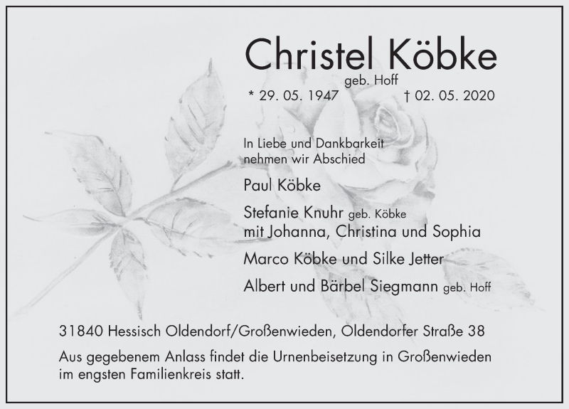  Traueranzeige für Christel Köbke vom 09.05.2020 aus Deister- und Weserzeitung