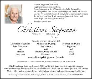 Traueranzeige von Christiane Siegmann von Deister- und Weserzeitung