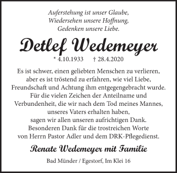Traueranzeige von Dettef Wedemeyer von Neue Deister-Zeitung