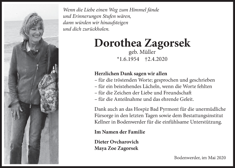  Traueranzeige für DoroThea Zagorsek vom 09.05.2020 aus Deister- und Weserzeitung