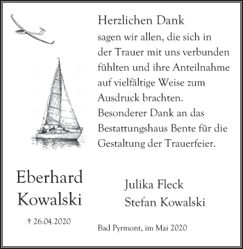 Traueranzeige von Eberhard Kowalski von Deister- und Weserzeitung