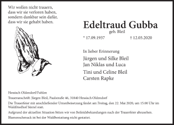 Traueranzeige von Edeltraud Gubba von Deister- und Weserzeitung